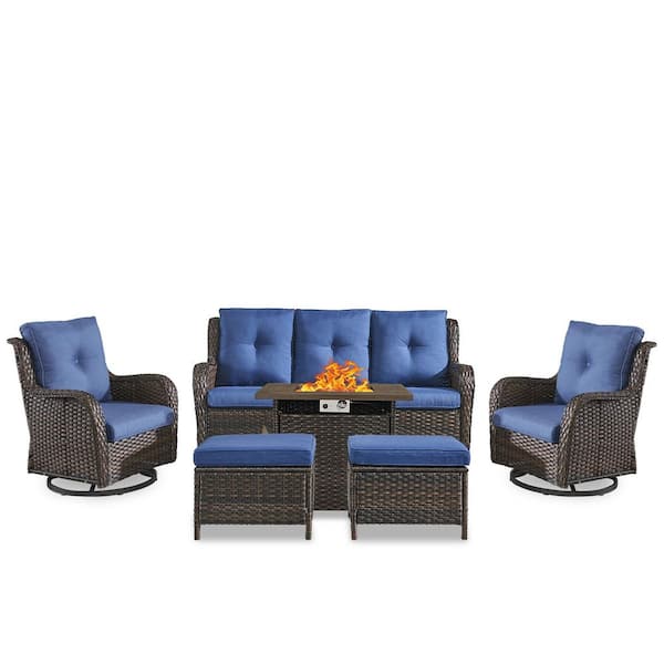 moosprr Arcline 6-Piece Brown Wicker Outdoor Chat Sets with Olefin Blue Cushions and Swivel Glider/Couch and Ottoman
