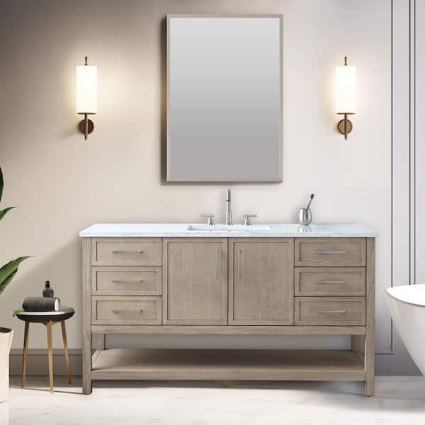 SUDIO Oliver 60 in. W Bath Vanity in Vintage Gray with Engineered Stone Top in Arabescato with White Sink