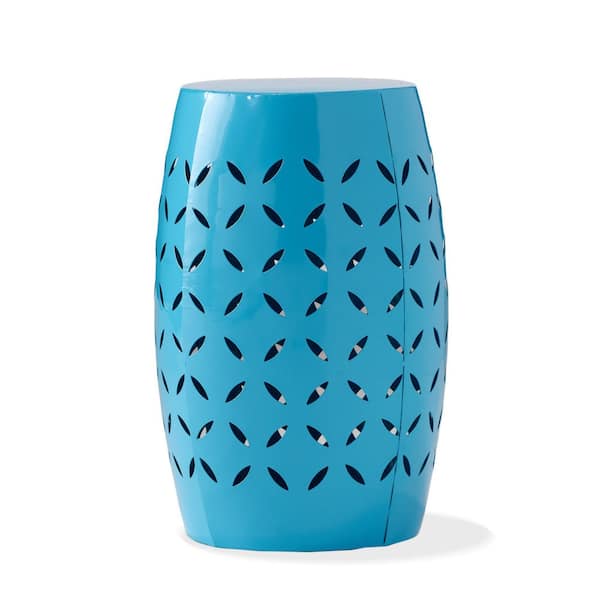 12 in. W x 18 in. H Blue Barrel Metal Outdoor Side Table, Waterproof Garden Stool for Patio, Deck, Backyard