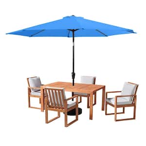 6 Piece Set, Weston Wood Outdoor Dining Table Setwith 4 Cushioned Chairs, and 10-Foot Auto Tilt Umbrella Brilliant Blue