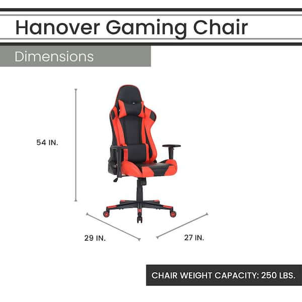 Hanover Commando Ergonomic Gaming Chair with Adjustable GAS Lift Seating Lumbar and Neck Support Black/Red