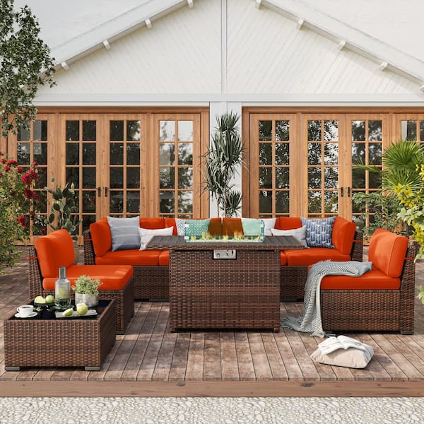 ELPOSUN 8-Piece Brown Rattan Wicker Outdoor Patio Set with Orange Cushions, Fire Pit Table, and Furniture Cover