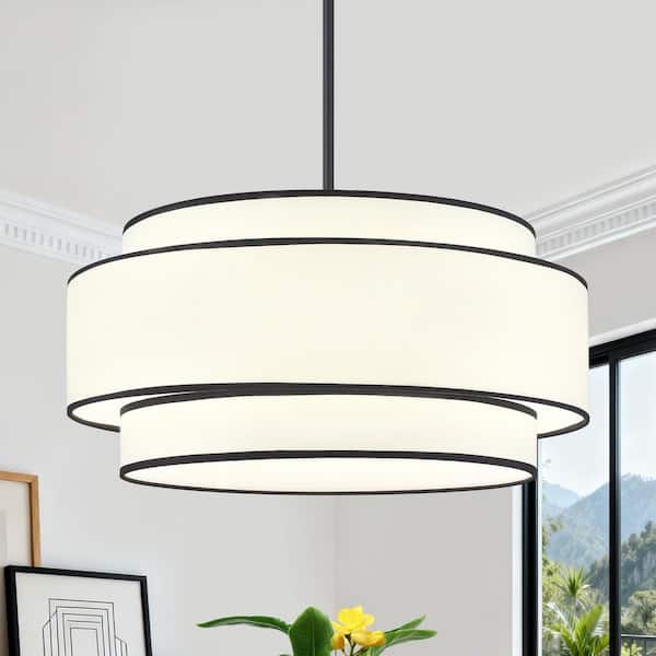 6-Light Black Double Shaded Drum Chandelier with White Fabric Shade