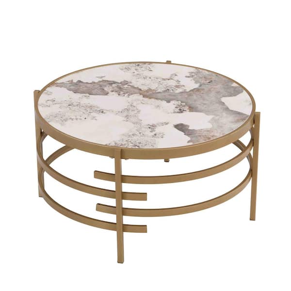 Zeus & Ruta 32.48 in. Golden Round Coffee Table With Sintered Stone Top and Metal Frame for Living Room