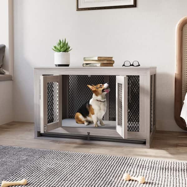FUFU&GAGA Furniture Style Dog Crate with Cushion Tray, 37.5 in. Heavy-Duty Wooden Dog Kennel, Dog Crate Furniture Size M, Gray