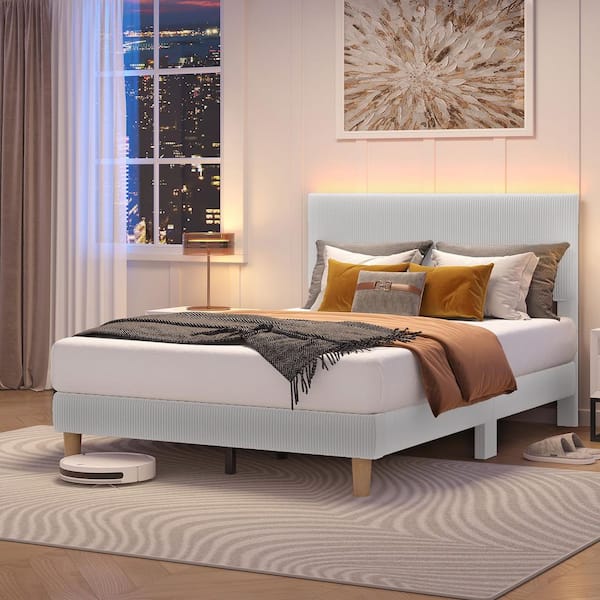 Light Gray Wood Frame Full Platform Bed Upholestered Headboard with LED Lights