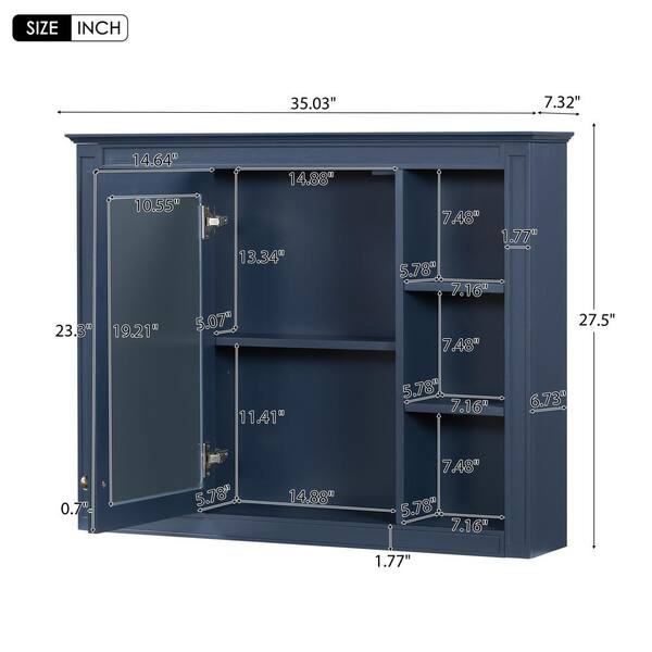 WELLFOR 35 in. W x 27.5 in. H MDF Rectangular Wall Medicine Cabinet with Mirror in Blue