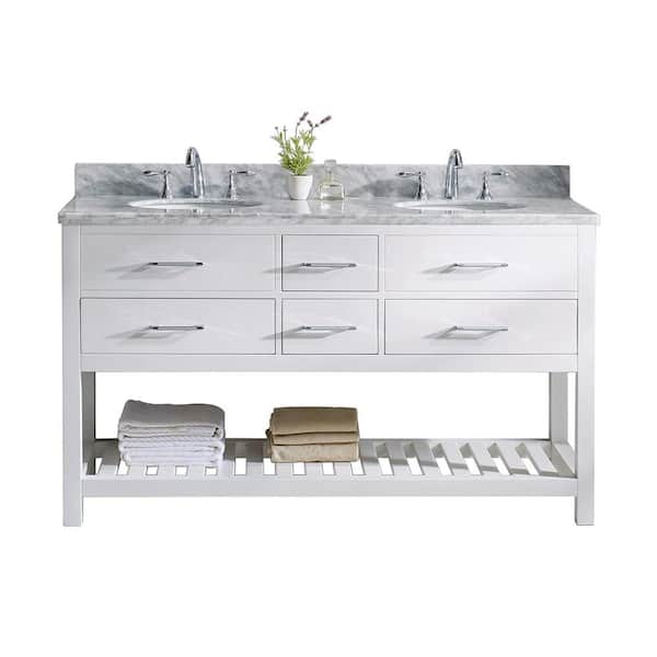 Virtu USA Caroline Estate 60 in. W Bath Vanity in White with Marble Vanity Top in White with Round Basin