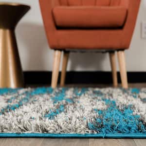 Turquoise 2 ft. x 3 ft. Modern Abstract Design Plush Shag Area Rug