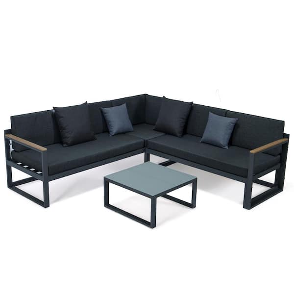 Leisuremod Chelsea Black 3-Piece Metal Outdoor Sectional with Black Cushions