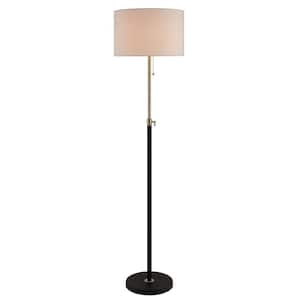 Farley 65 in. Matte Black and Antique Brass Adjustable Floor Lamp with Beige Fabric Shade