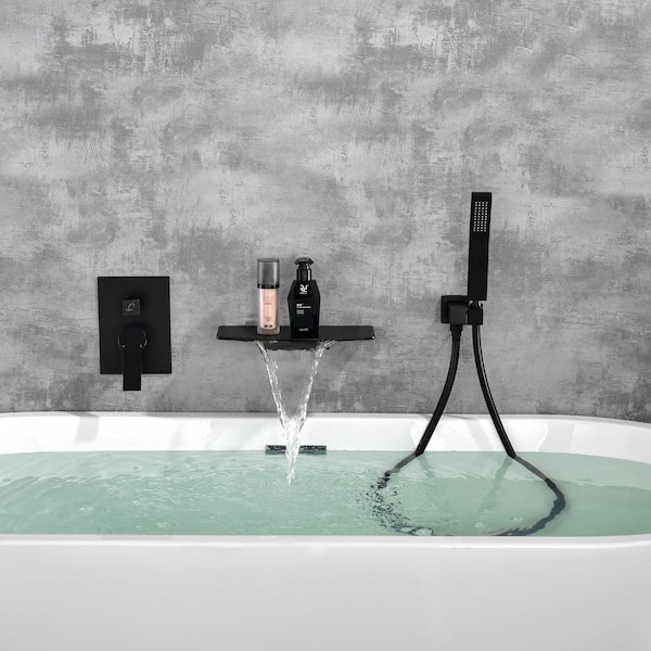Single-Handle Wall-Mount Roman Tub Faucet with Hand Shower and Waterfall Bath Tub Filler in. Matte Black