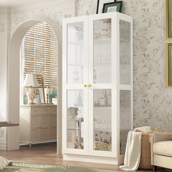 FUFU&GAGA White Wood 31.5 in. W Food Pantry Cabinet Kitchen Tempered Glass Doors Sideboard with 6-Tier Shelves (70.9 in. H)