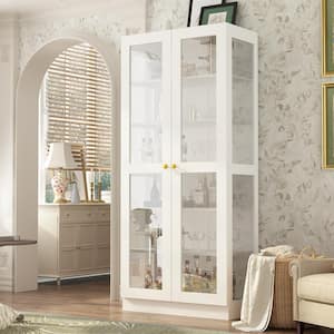 White Wood 31.5 in. W Food Pantry Cabinet Kitchen Tempered Glass Doors Sideboard with 6-Tier Shelves (70.9 in. H)