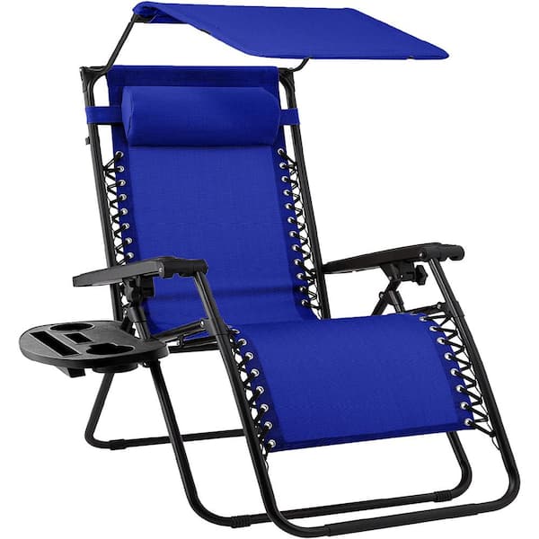 Unbranded Folding Outdoor Recliner Lounge Chair with Adjustable Canopy Shade, Headrest,Blue
