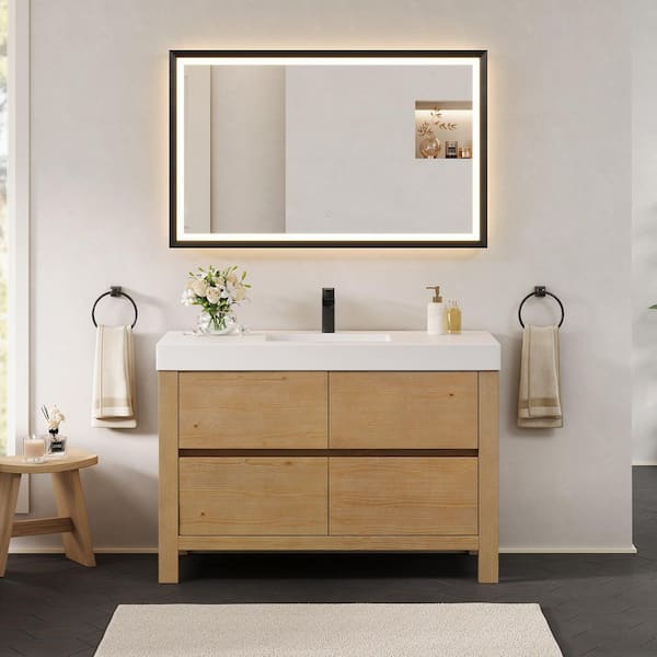 Cascadia 48 in. Single Freestanding Weathered Fir Bath Vanity with White Artificial Stone Top Assembled, Mirror