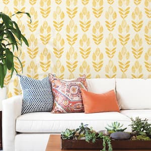 Scandinavian Yellow Block Print Tulip Strippable Roll Wallpaper (Covers 56 sq. ft.)