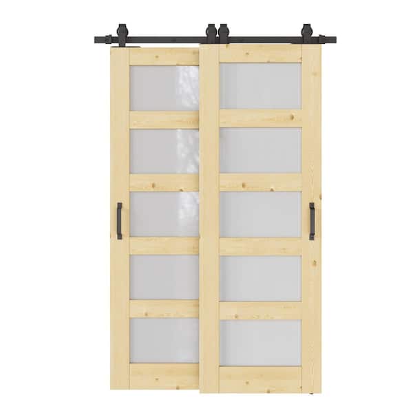 ARK DESIGN 48 in. x 80 in. (Double 28 in.) 5-Lite Frosted Glass Unfinished Pine Wood Sliding Barn Door with Hardware Kit Bypass