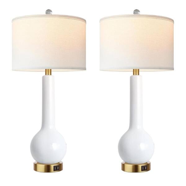 Miscool Avex 27.5 in. White Ceramic Dimmable Table Lamps Set with USB Ports (Set of 2)
