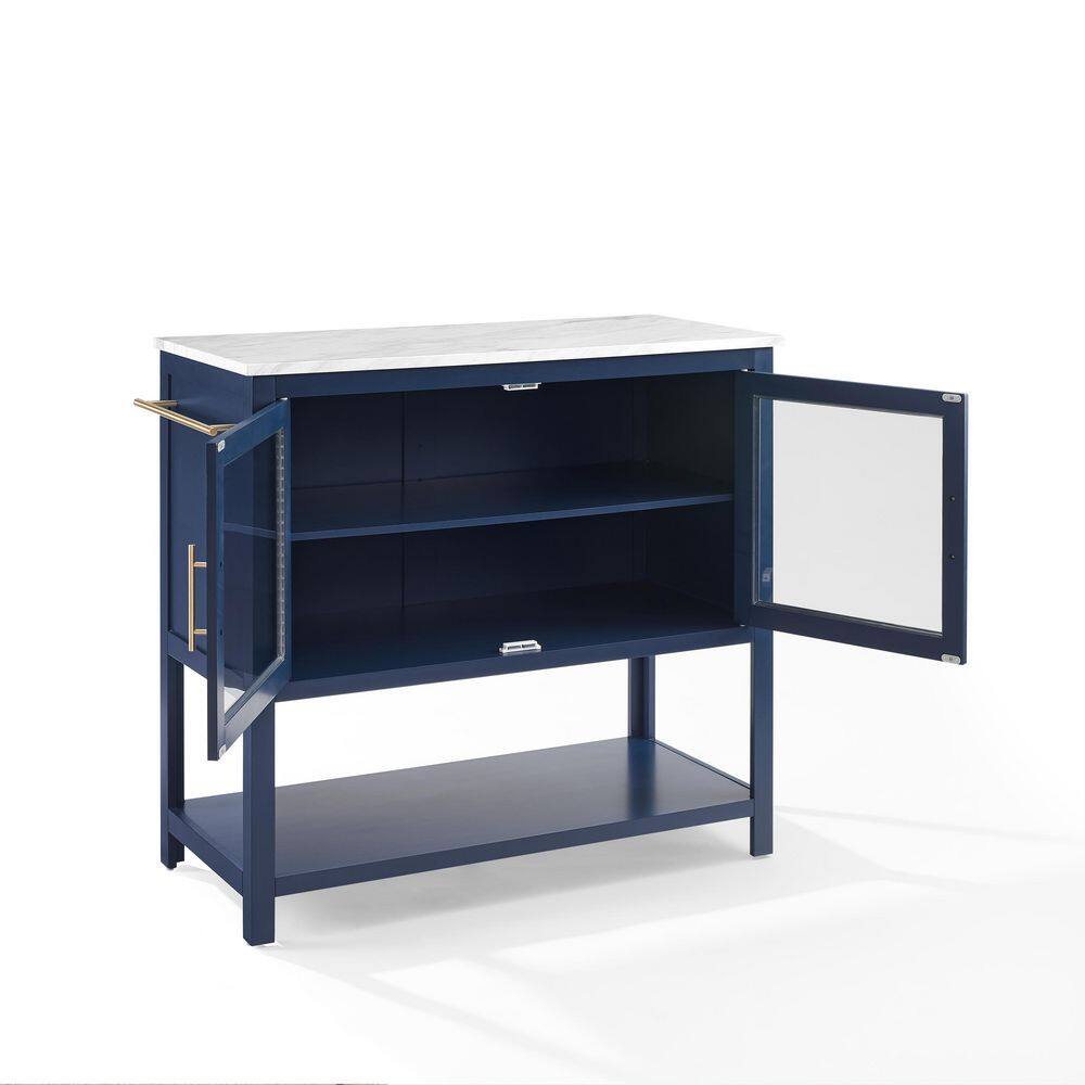 Navy Kitchen Island with Faux Marble Top and Glass Doors
