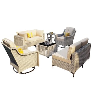 Thor 8-Piece Wicker Patio Conversation Seating Sofa Set with Biege Cushions and Swivel Rocking Chairs