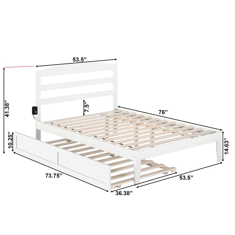 White Full Platform Bed with Trundle and Wood Headboard