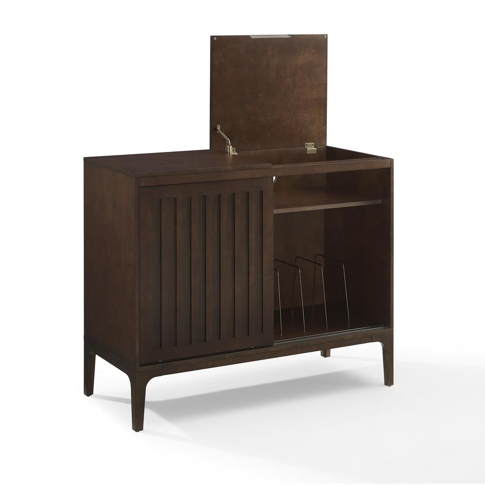 Sleek Dark Brown Slatted Media Console with Record Storage