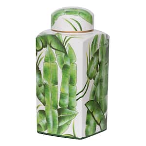 14 in. Green, White Lovise Palm Square Jar