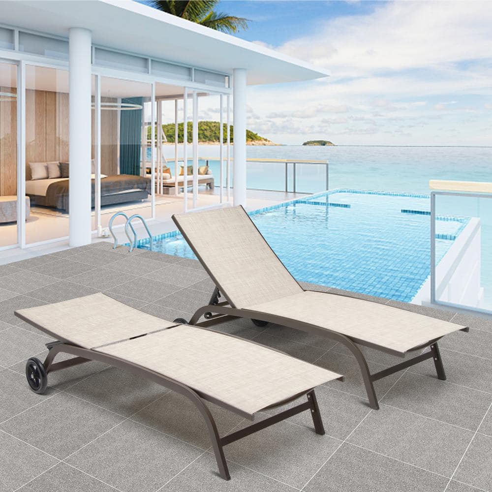 Beige Textilene Outdoor Chaise Lounge with Brown Metal Frame