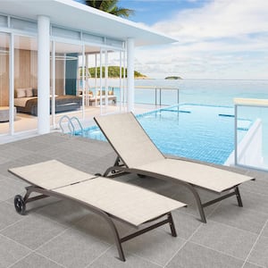 Full Flat 2-Piece Aluminum Adjustable Outdoor Chaise Lounge in Beige with Wheels