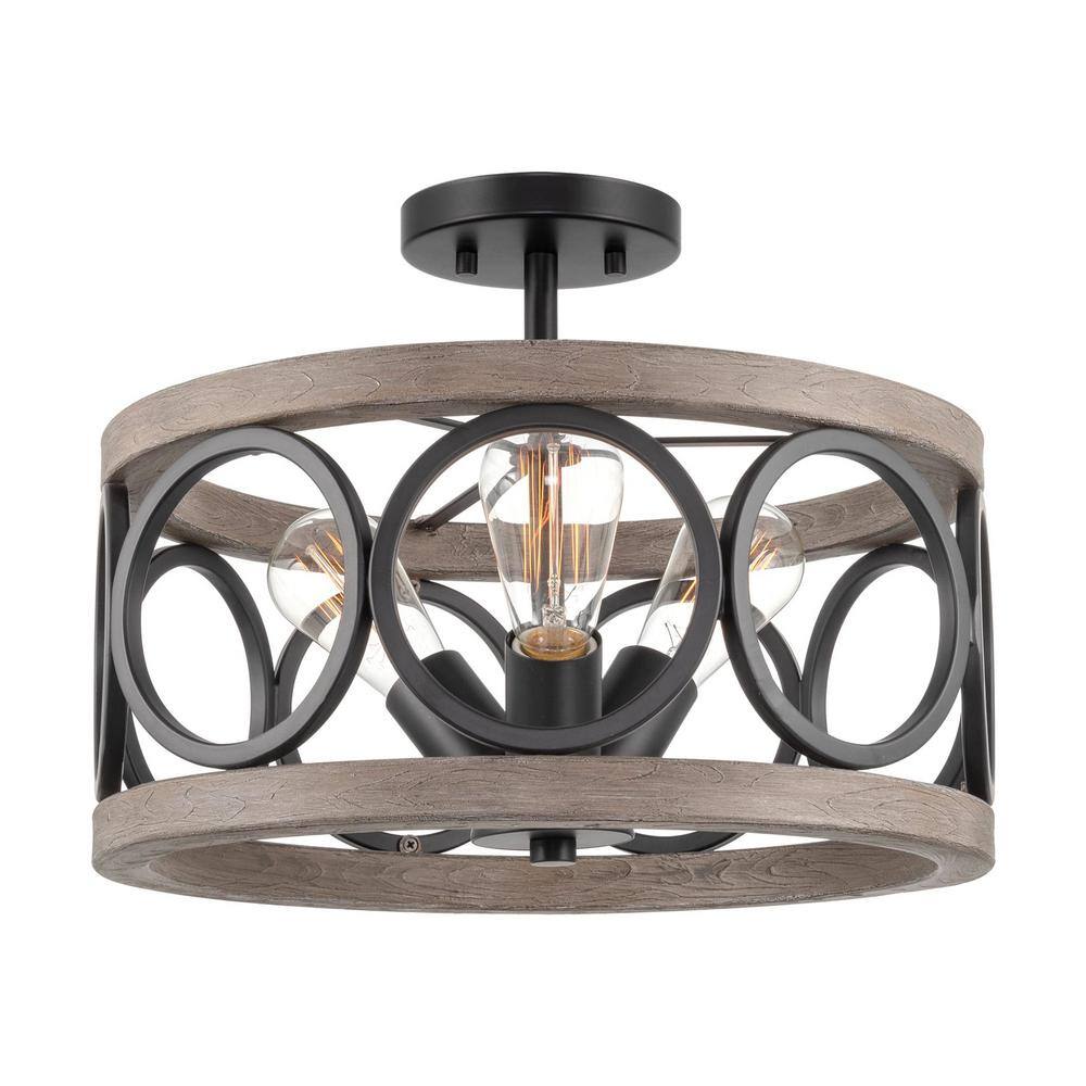 Larkin 60-Watt 3-Light Black Farmhouse Semi-Flush with Weathered Ash Shade, No Bulb Included price history on PriceWatchPro