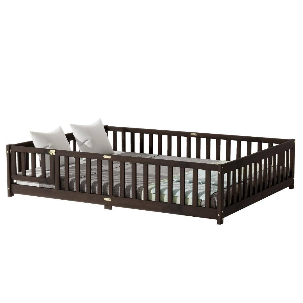 Espresso Rubber Wood Frame Queen Platform Bed with Safety Guardrails and Door durable construction