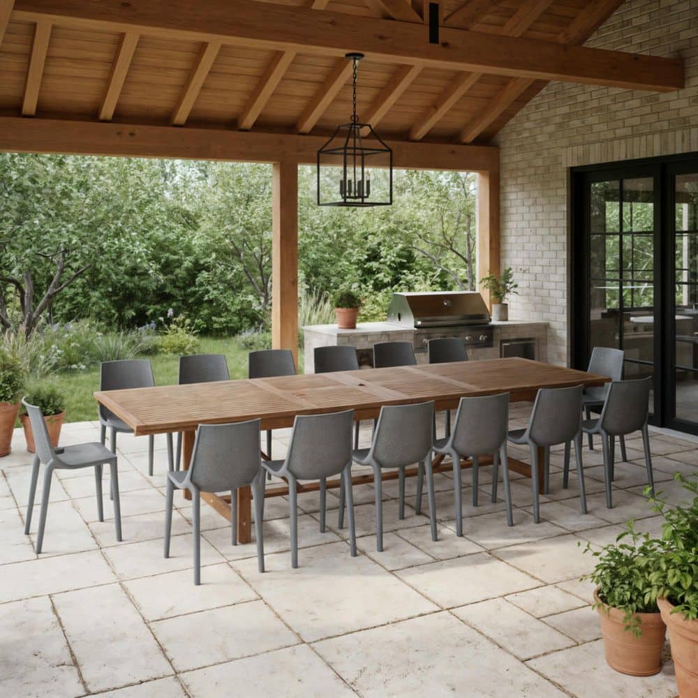 Roni 13-Piece Teak Finish Wood Outdoor Rectangular Extendable Dining Set Gray