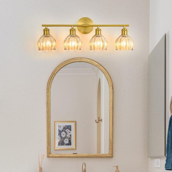26.3 in. 4-Light Brass Vanity Light Bathroom Light Fixtures Wall Light Over Mirror with Amber Tulip Glass Shade