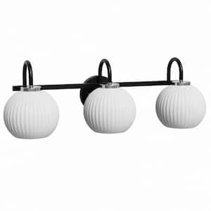 25 in. 3-Light Matte Globe Black Vanity Light with White Glass Shade No Bulbs Included for Bathroom