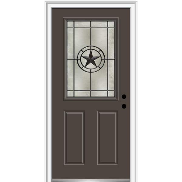 MMI Door Elegant Star 36 in. x 80 in. 2-Panel Left-Hand 1/2 Lite Decorative Glass Brown Painted Fiberglass Prehung Front Door
