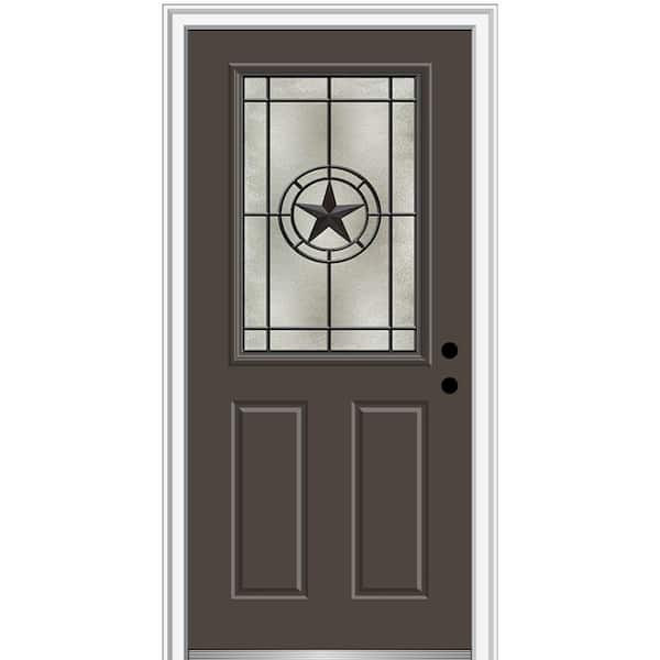 MMI DOOR Elegant Star 32 in. x 80 in. 2-Panel Left-Hand 1/2 Lite Decorative Glass Brown Painted Fiberglass Prehung Front Door