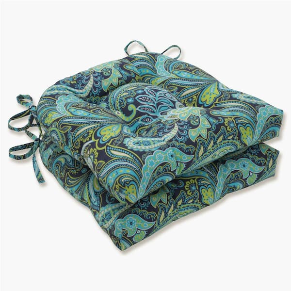 Pillow Perfect Paisley 16 in. x 15.5 in. 2-Piece Outdoor Dining Chair Cushion in Blue/Green Pretty
