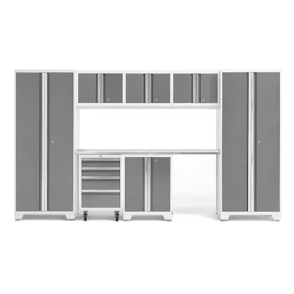 NewAge Products Bold Series 8-Piece 24-Gauge Stainless Steel Garage Storage System in Platinum (132 in. W x 77 in. H x 18 in. D)