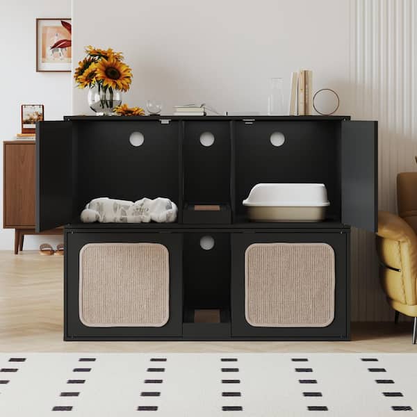 FUFU&GAGA Litter Box Enclosure with 2 Sisal Doors, Wooden Hidden Cat Litter Box Washroom Storage Cabinet Bench End Table, Black