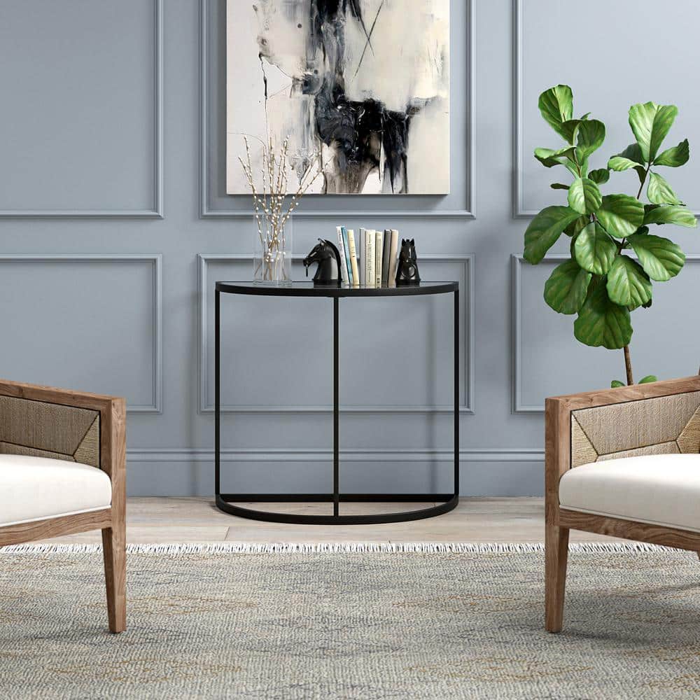 Mid-Century Modern Demilune Console Table in Blackened Bronze with Glass Top
