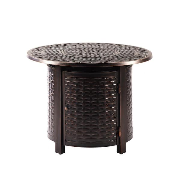34 in. Round Aluminum Outdoor Propane Fire Table with Fire Beads, Lid and Covers in Copper