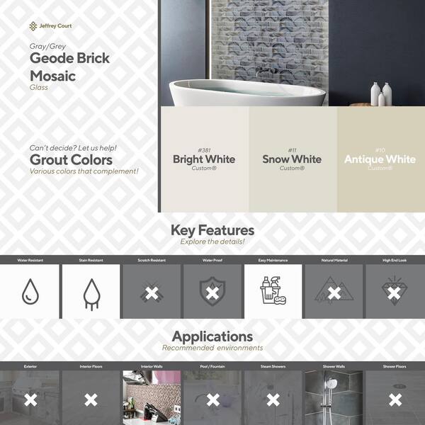 Jeffrey Court Geode Brick Gray 11.625 in. x 11.75 in. x 8 mm Interlocking Glossy Glass Mosaic Tile