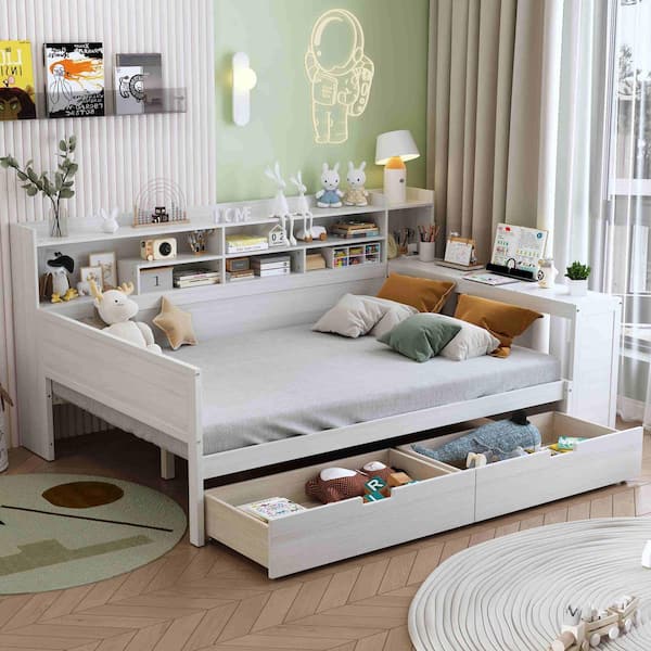 Antique White Full Daybed with Storage Shelves, 2 Storage Drawers and Study Desk