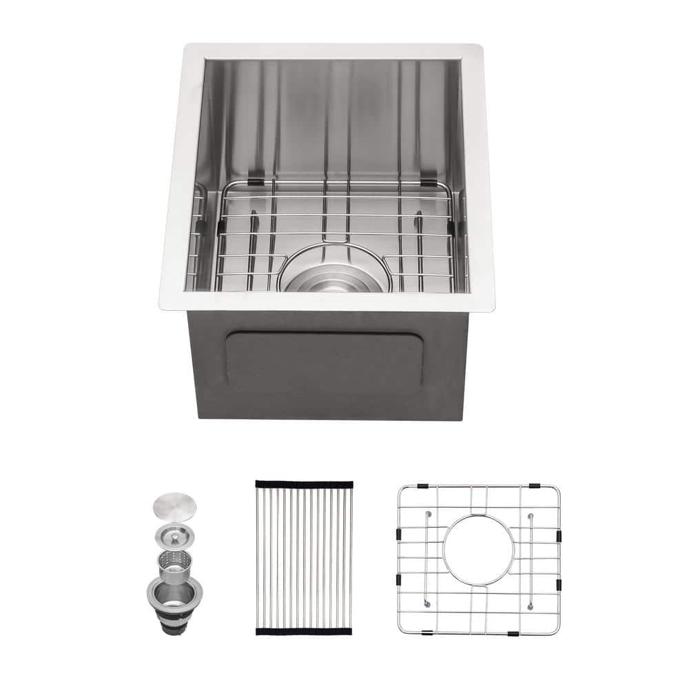 Bar Sink 18-Gauge Stainless Steel 14 in. Single Bowl Right Angle Undermount Kitchen Sink with Bottom Grid, Stainless steel brushed