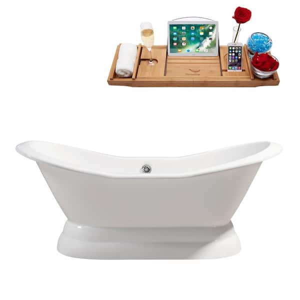 Streamline 72 in. Cast Iron Flatbottom Non-Whirlpool Bathtub in Glossy White with Polished Chrome External Drain and Tray