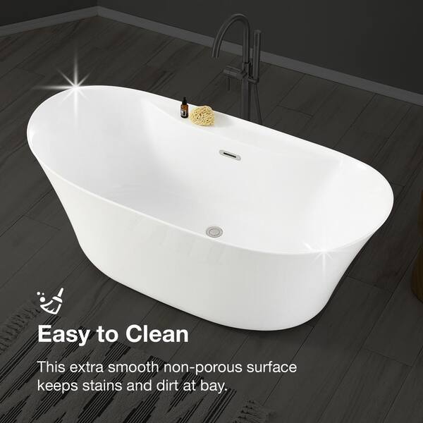 Berkel 60 in. Acrylic Freestanding Flatbottom Bathtub in White with Overflow and Drain in Brushed Nickel Included