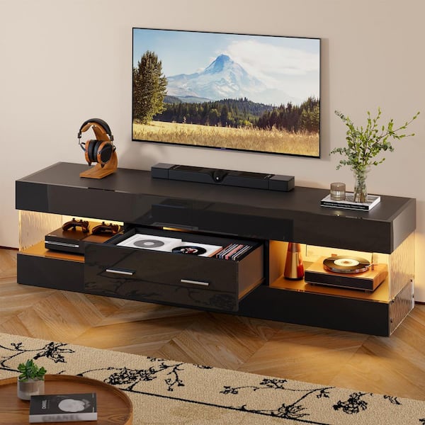 Bestier 60 in. Glossy Black Stone-Patterned TV Stand with Drawer