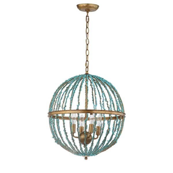 SAFAVIEH Lalita 4-Light Blue Beaded Cage Chandelier Lighting