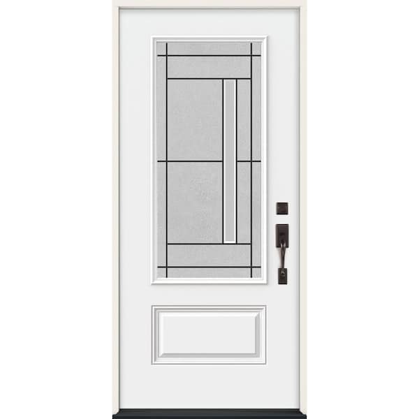 JELD-WEN 36 in. x 80 in. Left-Hand 3/4 Lite Decorative Glass Atherton Modern White Fiberglass Prehung Front Door
